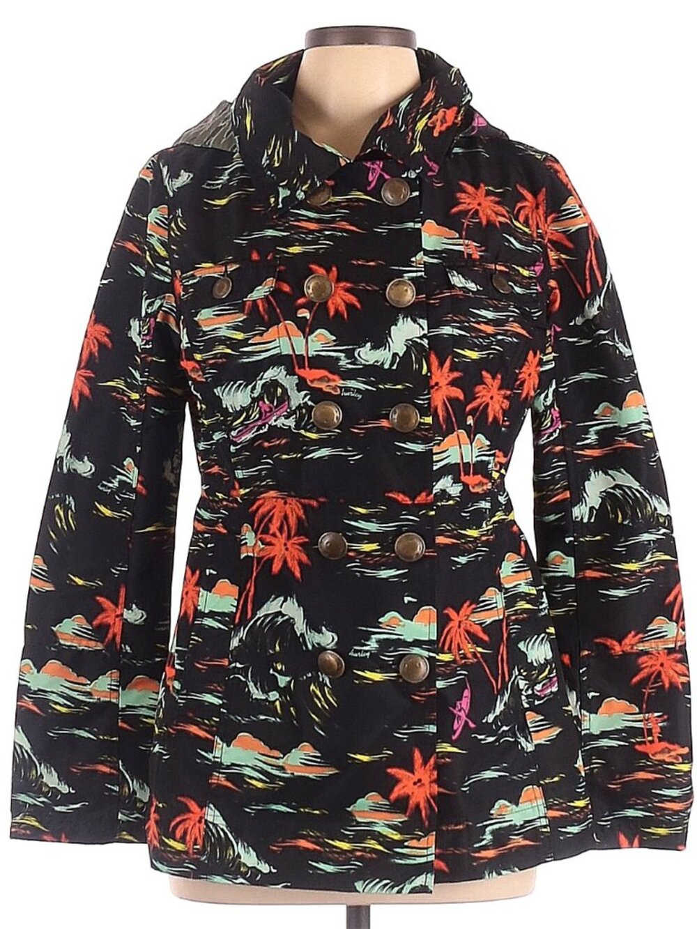 Hurley Black Tropical Print Double-Breasted Utility Jacket